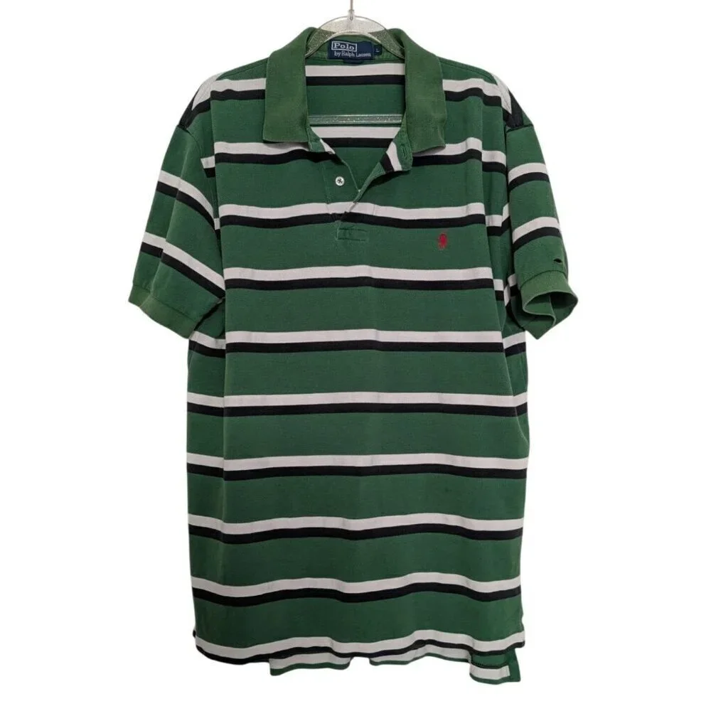 Polo Ralph Lauren Stripe Polo Shirt Mens Size Large Green Short Sleeve Cotton